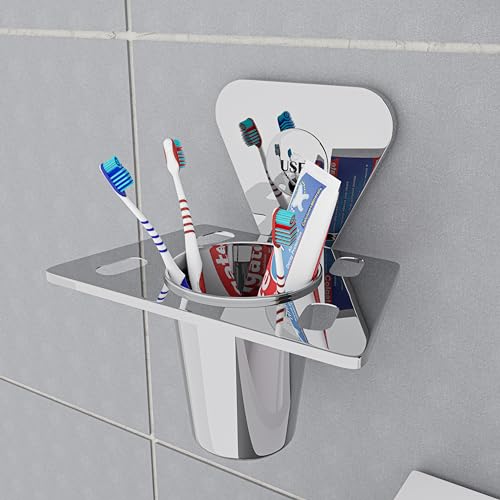 Image of USF Stainless Steel Tumbler Holder with Tumbler Stand, Wall Mounted Tumbler Stand for Brush & Toothpaste Storage, Easy Cleaning Access, 3 Years Warranty (Chrome, Pack of 1) - Pyramid