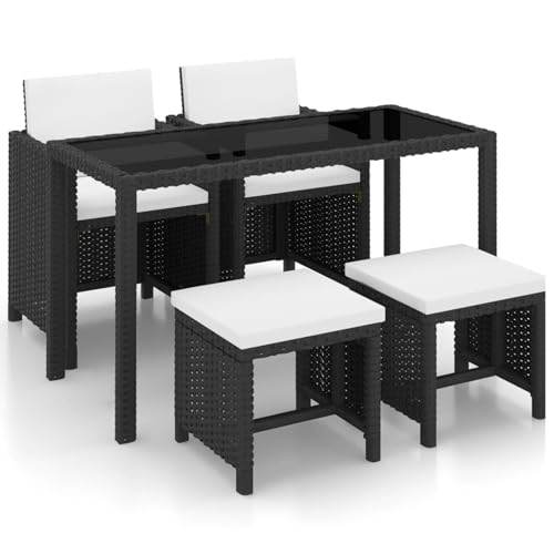 Homgoday Set Comedor de jardín 5 Piezas y Cojines ratán sintético Negro Sofá de jardín Muebles de Exterior para jardín, terraza, Exterior 2X sillón + 2X reposapiés + Mesa