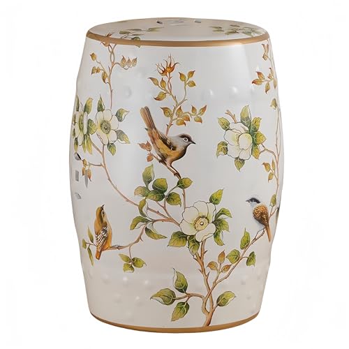HYFANIYH Ceramic Drum Garden Stool, Bird and Flower, Classic, Cottage, French Country,Bathroom, Garden Room, Patio (White)