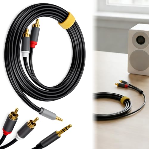 RCA to 3.5mm Cable, 2RCA to Aux Stereo Lead with Gold-Plated Connectors, Red and White Phono to Mini Jack Y Splitter for Hi-Fi Amplifier Speaker TV DJ Controller Turntable Car Phone Laptop, 2M