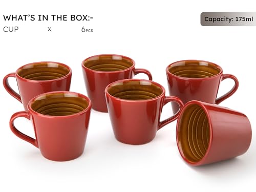 Image of Bodhi House Handcrafted Ceramic Tea Cup Set of 6 Pieces (175 Ml), Stoneware Coffee Mug, Microwave Safe Small Tea Cup, Glossy Finish, Ideal for Daily use, Casual Gatherings and Gifting, Burgundy
