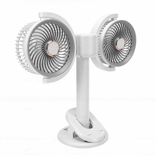 Jenivaint Ventilador de Escritorio de Doble Cabezal, Recargable por USB, 2400 MAh, Rotación de 360°, 30 DB, con Luz Nocturna para Dormitorio, Oficina o Residencia estudiantil.