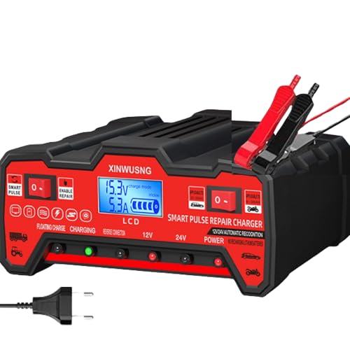 Cargador Baterías Coche- 12V/24V 900W Alta Potencia – para Coche,Moto,Tractor y camion – Compatible con Baterías de Plomo-Ácido, Reparación Inteligente por Pulso, LCD Digital -Cargador bateria Moto-
