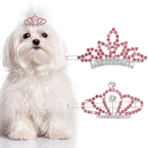 Psiriol 2Pcs Crystal Rhinestone Hair Accessories Gem Rhinestone Dog/Cat Tiara Crown Tiara Clips for Rolyal Family Costume Hair Accessories (Pink)