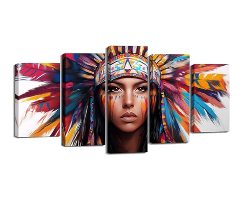 5 Pcs Woman Canvas Art American Indian Picture Wall Decor Frame Indigenous Girl Painting Coloful Feather Poster Modern Prints Living Room Bedroom Home Ready to Hang(Art-3,12x16inx2 12x24inx2 12x32inx1)