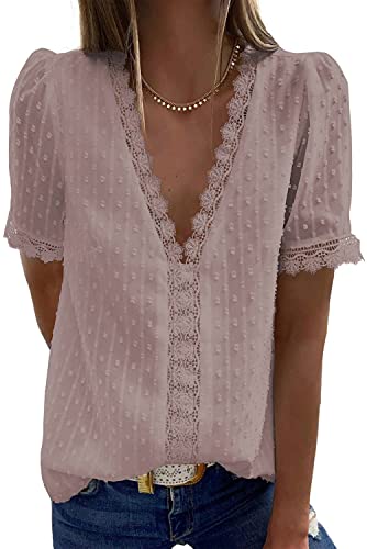 HUUSA Plus Women's Fashion Ladies 2021 Summer Spring Blouses Tops Boho Sexy Lace Crochet V Neck Short Sleeve Pom Pom Boho Shirts Casual Loose Cute Flowy Blouses for Women Tops Pink XXL