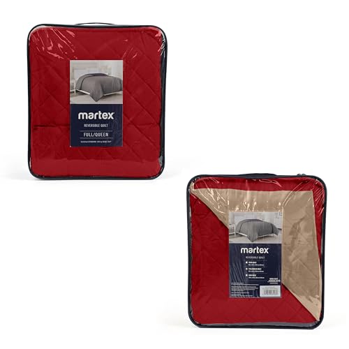 Image of Martex Reversible Coverlet - Full Queen Size Quilt - Lightweight Full Size Bedding- Durable Queen Size Quilts for Bed - Soft - Easy Care Bedding - Khaki /Red