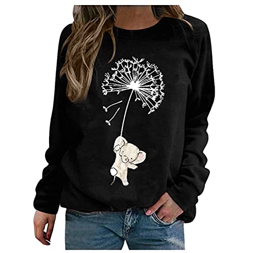 Long Sleeve Tee Shirts for Women Elephant Dandelion Graphic Tops Round Neck Workout Tunic Blouses(Black,M)