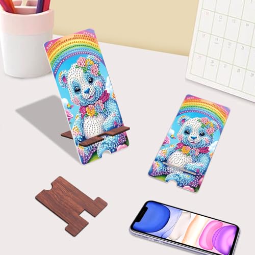 Image of Bear in Rainbow Diamond Painting Phone Stand with Mirror, DIY Wooden Diamond Art Desktop Holder, 2-in-1 Diamond Painting Tabletop Ornament - Phone Stand and Mirror for Home and Office
