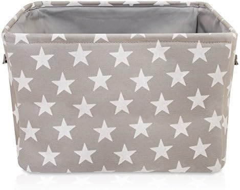 Gray Star Canvas Storage Basket - Box for Household Storage with White Stars. 16.5in x 12.5in x 7.5in