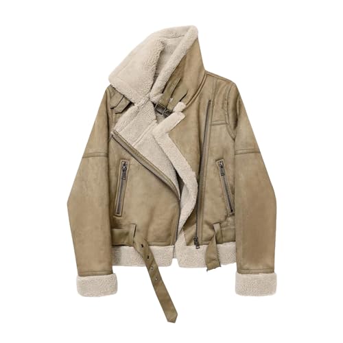 Hgvcfcv Damen Warm Gepolsterte Leder Lammjacke Kurze Motorradjacke Synthetische Schaffell Lederjacke, beige, XL