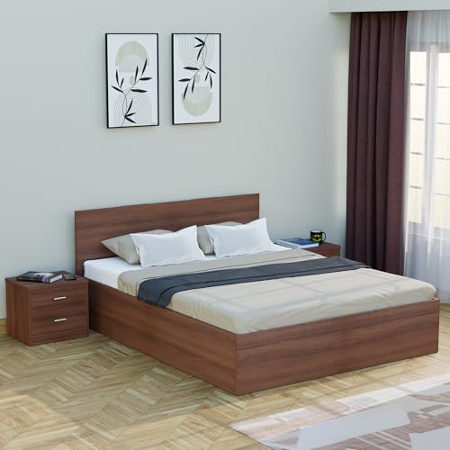 Image of FURNIFLIX Queen Size Engineered Wood Bed with Box Storage - Walnut Finish