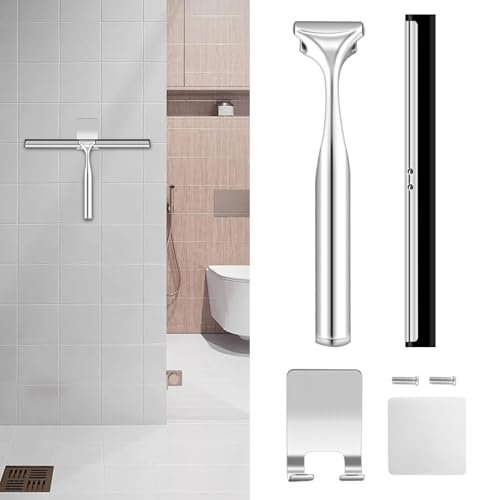 Image of Shower Squeegee for Glass Doors,10 Inch Stainless Steel Squeegee for Shower Glass with Storage Hook, Shower Squeegee for Tile Shower Walls, Window Mirror Squeegee and Car Glass(Sliver)