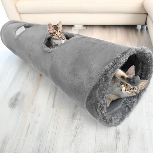MERSJO Katzenspielzeug Tunnel, 120 x 25 cm, Plüsch-Katzentunnel mit Knistermaterial und Spielball, Grau
