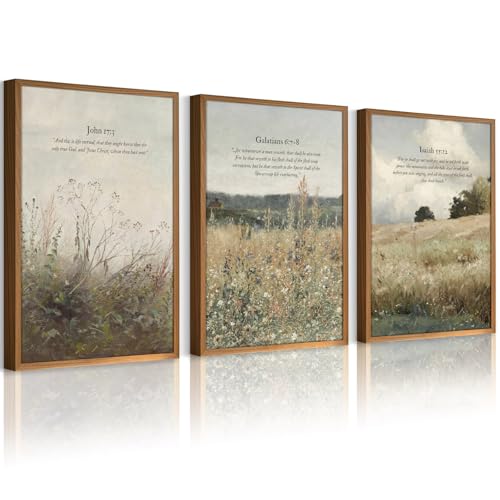 Christian Wall Art Bible Verse Canvas Poster Wildflower Wall Decor Scripture Wall Art Landscape Painting Vintage Field Prints Farmhouse Picture for Bedroom Bathroom 12x16 Inch Unframed Set of 3
