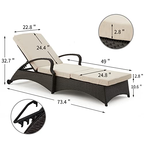 Gyutei Chaise Lounge Chair With 5 Adjustable Position Thickened Cushion Outdoor Reclining Chaise With Wheels For Patio Backyard Porch Garden Beach Poolside(Khaki) #TOP1