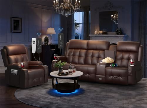 Image of Recliner Sofa Set, Home Theater Seating with Massage, Loveseat Recliner Couch and Recliner Single Chair with USB, Wall Hugger Reclining Movie Theater Chair with Cup Holders, Drawer for Gaming Room