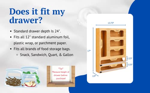 6-In-1 Ziplock Food Bags Storage Organizer With Cutter - Kitchen Organizers And Storage Organizer, Sandwich & Snack Bags, Natural Bamboo Dispenser With 4 Grid 2 Wrap Slots Plastic And Aluminum Foil Paper #TOP2