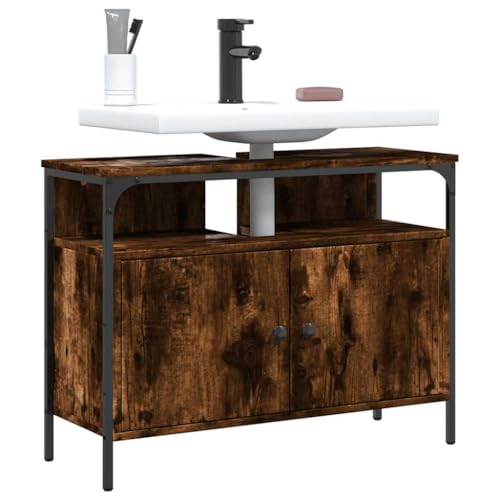 SooIarix Armario para debajo del lavabo, roble ahumado, 80 x 30 x 60 cm, material de madera, armario de baño con mucho espacio de almacenamiento, armario para baño estable para montaje en lavabo
