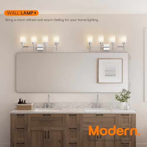 Image of 4-Light Vanity Lighting Fixtures with White Frosted Glass Shade, Polished Chrome Bathroom Wall Lamps Over Mirror for Bath Restroom Kitchen T001CH-L4