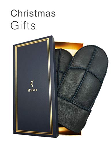 Yiseven Men's Winter Shearling Sheepskin Leather Gloves Mittens Lambskin Thick Fur Warm Wool Lined For Cold Weather Dress Driving Work Gifts, Black Size Large #TOP4