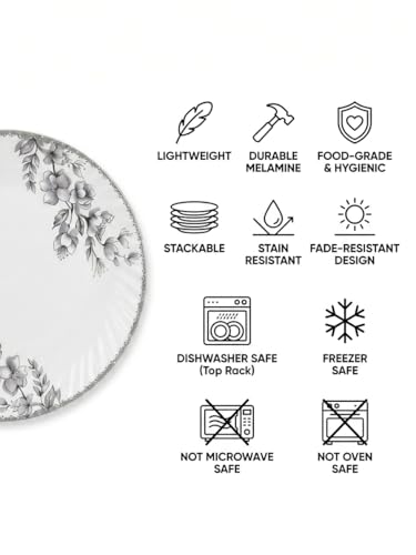 Image of Melvio By Malti 18 Pcs Dinner Set for Dining & Serving | Premium Melamine Crockery Set with Dinner Plates, Quarter Plates, Bowls, Serving Bowl, Lid & Spoons | Microwave & Dishwasher Safe