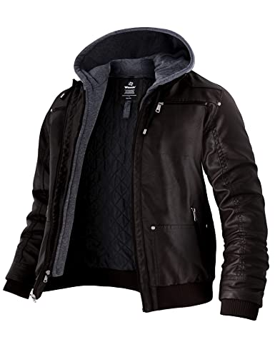 wantdo Men's PU Leather Jacket with Hood Motorcycle Coat Dark Coffee M(Thick)