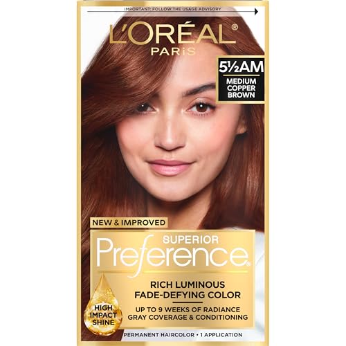 L'Oreal Paris Superior Preference Luminous Fade-Defying Permanent Hair Color, Hair Dye For Up to 9 Weeks of Radiance, Medium Amber Copper Brown 5.5AM, 1 Hair Dye Kit