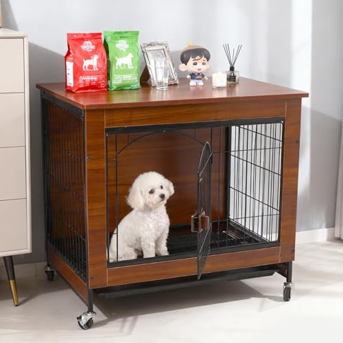 Hundekäfig Möbel, 78cm Moderner Holz-Hundebox Indoor, Multifunktionaler Hundehaus für Zuhause mit Laufrollen & Abnehmbarer Schale, Geeignet für kleine/mittelgroße Hunde, 78x55x73 cm, Vintagebraun
