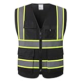 HATAUNKI High Visibility Reflection Black Mesh Safety Vests with 8 Pockets and Front Zipper, hi vis