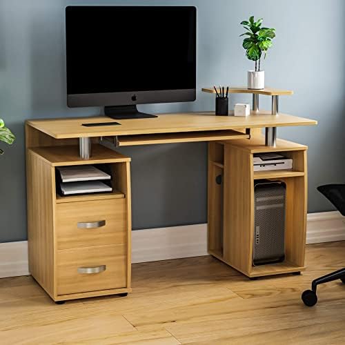 Vida Designs Otley Computer Desk with Shelves and 3 Drawers, Home Office PC/Laptop Gaming Table, Study Workstation with Keyboard Tray, Furniture, Walnut