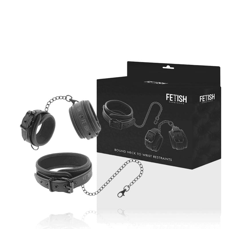 Halsfessel & Handschellen Set – Verstellbare BDSM Fesseln aus veganem Leder mit Neopren-Futter – Fixierung mit Immobilisierungsstange & Kette – Bondage für Paare & Rollenspiele