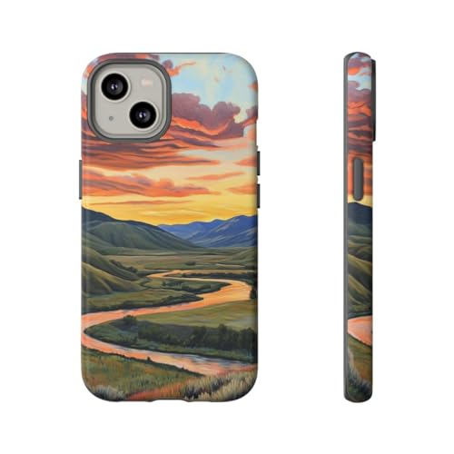Coque iPhone 14 orange paysage Sunset Hills pour sublimer vos voyages