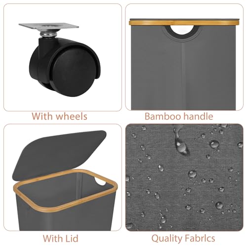 Laundry Basket with Wheels,100L Hampers for Laundry,Large Laundry Hamper with Lid and Bamboo Handles,Collapsible & Waterproof Tall Cloth Hamper for Dormitory Family,Grey by Merkisa - Used condition - Image 2