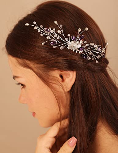 Xerling Peineta vintage de cristal dorado con diamantes de imitación morados, accesorio para el cabello para bodas, novias, novia, accesorio para el cabello para niñas (dorado)