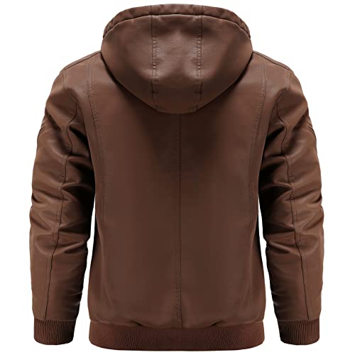 Leather Jackets for Men,Stand Collar Zip Up Motorcycle Biker Bomber Jacket With Removable Hood2