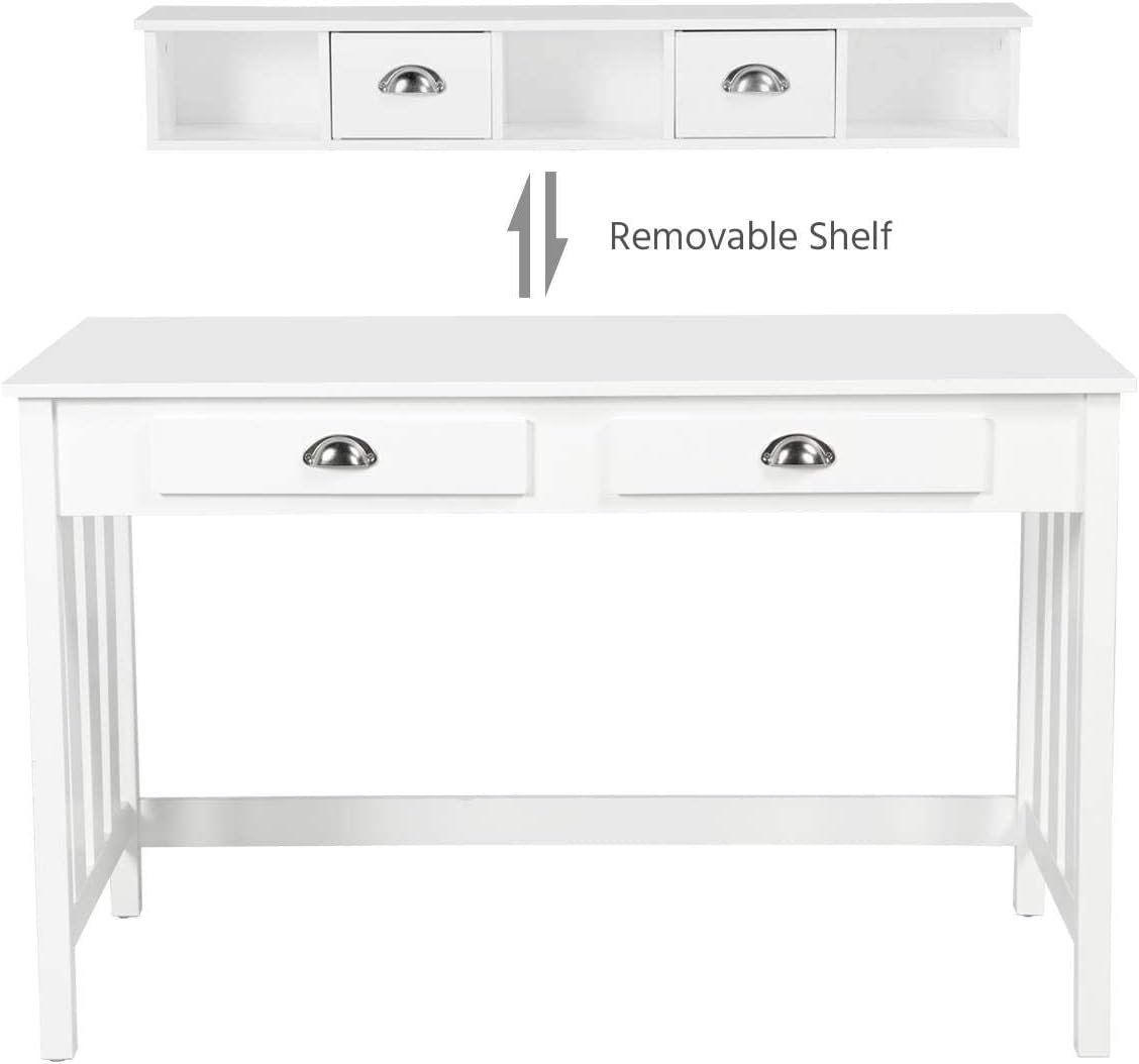 Yaheetech Writing Computer Desk Secretary Desk with Removable Floating Organizer, Workstation Laptop Table Home Office Notebook Desk Organizer with 2 Tier Hutch 4 Drawers, Solid Pine Wood Legs, White