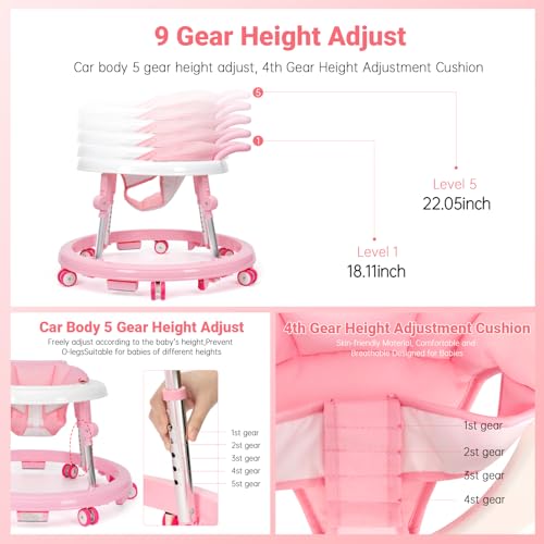 image for Pvauert Baby Walker Foldable with 9 Adjustable Heights, Baby Walker wi