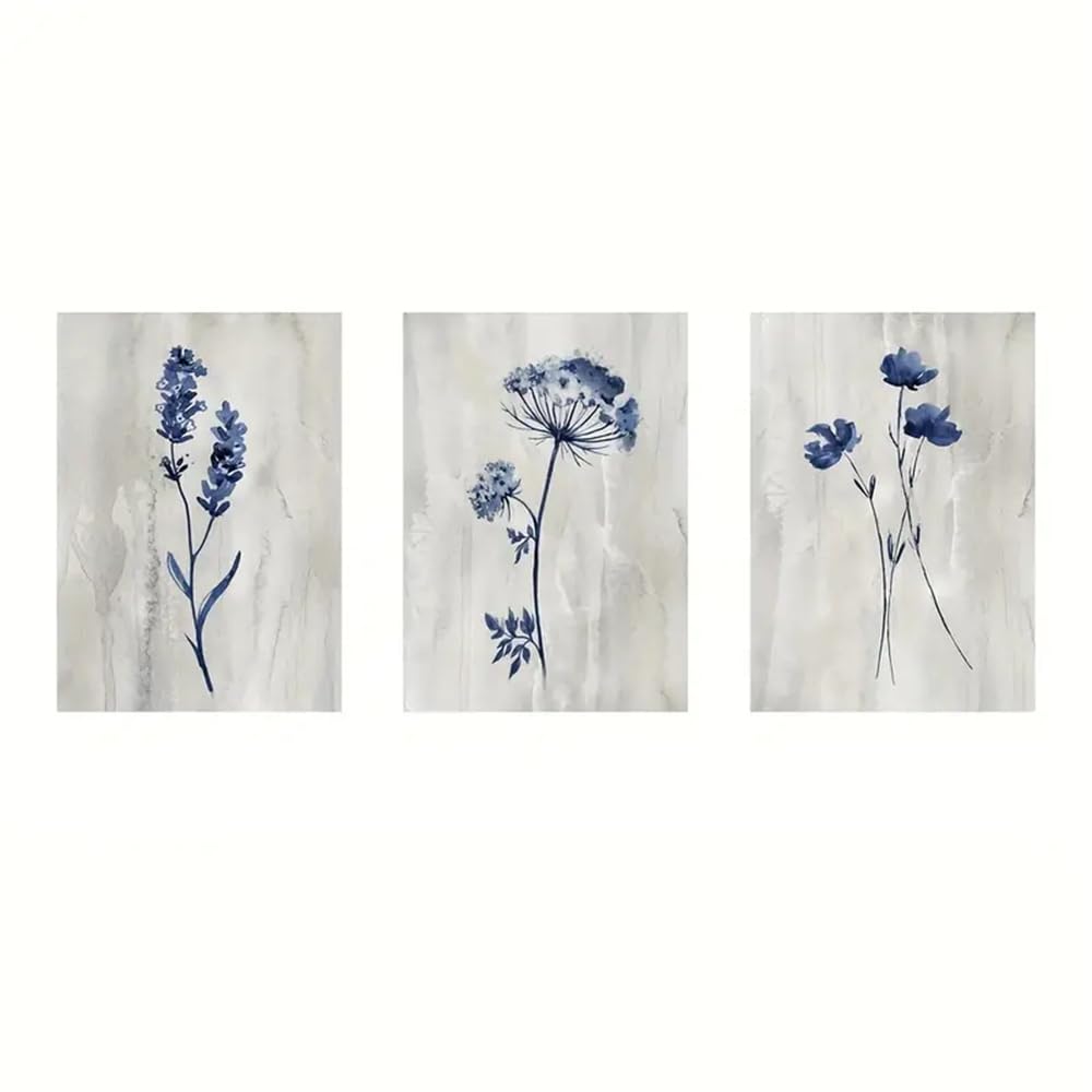 WBYZAC Botanical Posters-Abstract Blue Flower Canvas Art Print Botanical Painting Wall Pictures Modern Wall Poster Picture for Living Room Kitchen Home Decor-60 * 70cm*3PCS (No Frame)