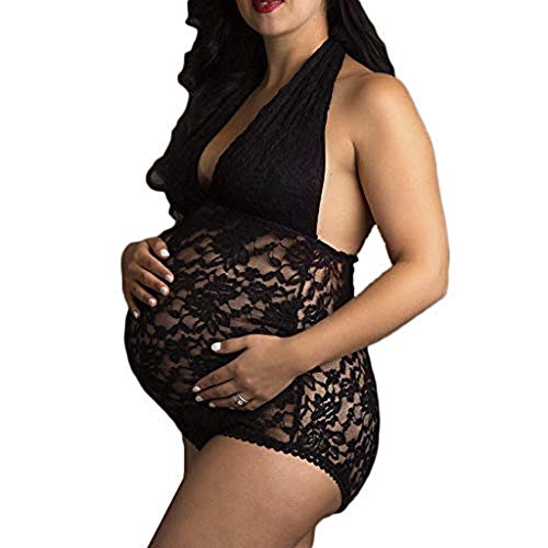 Women Pregnant Lace Babydoll Halter Dress Teddy V-Neck Lingerie Sexy One Piece Bodysuit Sleepwear Nightgown Chemise Black