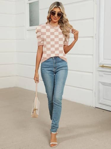 Image of AKEWEI Puff Short Sleeve Sweater for Women Tops Trendy Spring Summer 2025 Business Casual Outfits Knit Crewneck Shirt Blouses