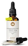 SUNDAY NATURAL® Vitamin D3 K2 Tropfen - Vegan - Premium Vitamin D 3 1.000 IE (25µg) + K2 MK7 ≥99,8% all-trans 20µg - Hohe Bioverfügbarkeit, ohne unnötige Zusätze, laborgeprüft