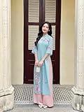 B9 Ngọc Bình Áo Dài | Blue Vietnamese Traditional Dress for Women | Ao Dai Tet (4XL)
