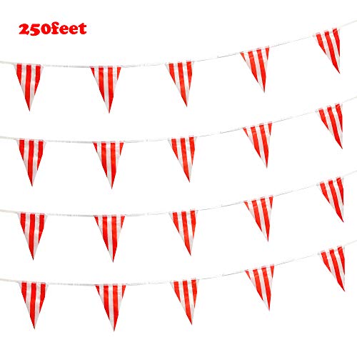 Autop 250 Feet Red & White Striped Pennant Banner Flags String 150 Pcs Indoor/Outdoor Triangle Bunting Flags,Party Decorations Supplies For Carnival Circus,Kids Birthday,Festival Celebration #TOP5