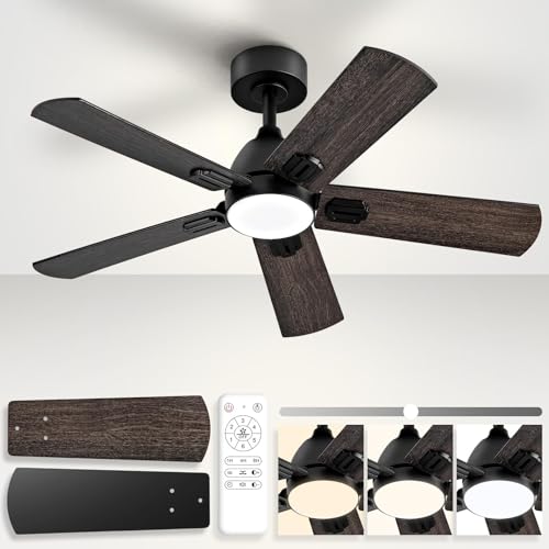 FUJIBONNY 42-Inch Ceiling Fans with Lights, Remote Control, Dimmable, 3 Color Temperatrue,Power-Off Memory, Reversible Quiet DC Motor – Modern Black Ceiling Fan for Living Room, Bedroom, Patio,Office