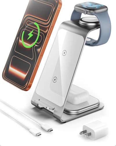 Intoval Aluminum 3 in 1 Wireless Charging Station for iPhone 17 16 15 14 13 12 11 Pro Max XR, Wireless Charger for Apple Watch 11 10 9 8 7 Ultra SE 3 2, Phone Charger for AirPods 4 Pro 2 3 (Silver)