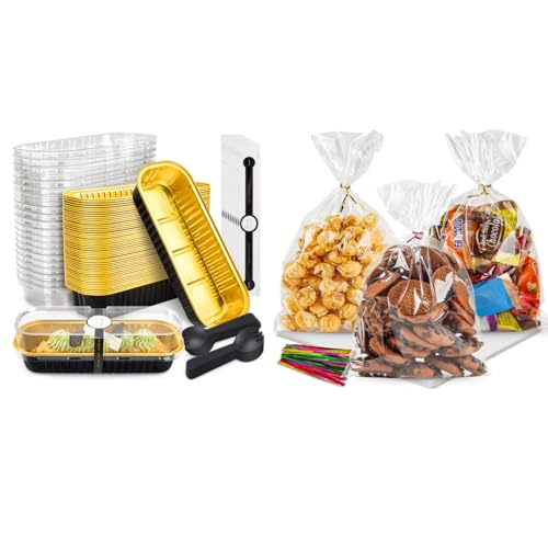 NPLUX Bundle of 50 Pack Mini Cake Pans with Lids and Spoons and 100 Pack Cellophane Bags - image 1