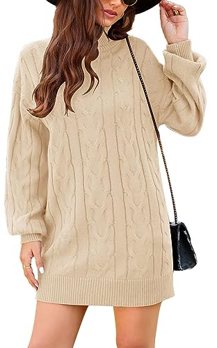JFAN Vestido Punto Mujer Cuello Alto Manga Larga Frock Otoño Invierno Vestido Casual para Mujer Elegente Jersey Falda de Cadera Beige S