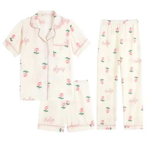 Image of Hupohoi Big Girls Button Down Pajama Set 3pcs Short Sleeve Long Pants with Shorts Crepe Wrinkled Fabric Sleepwear Nighty