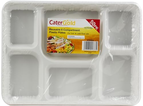 Sterling Ventures Cater Gold Disposable Reusable Washable Heavy-Duty Dinnerware Crockery for Birthday Parties Camping Catering for Hot & Cold Food 6 Compartment Plastic Plates (Pack of 50 Plates)